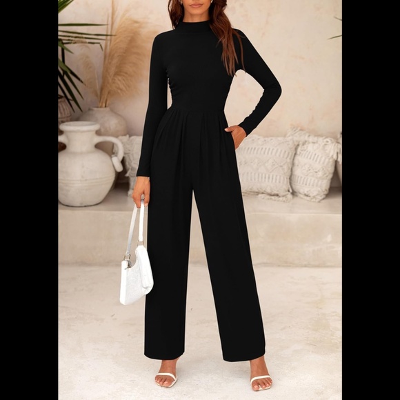 Women’s Ribbed Long Sleeve Mock Neck Dressy Jumpsuit - Picture 1 of 6